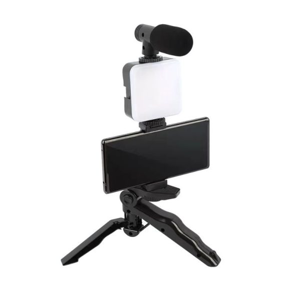 Tripod, mbajtës për telefon, mikrofon mini dhe dritë LED për Video Live 4